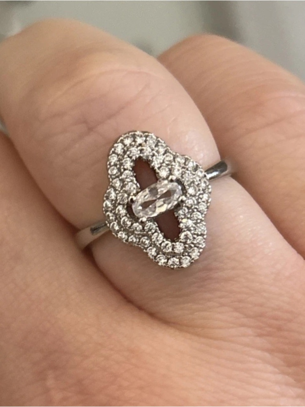 White Gold Plated Halo Ring Size 6 Oval Cut CZ Statement Ring Vintage Style